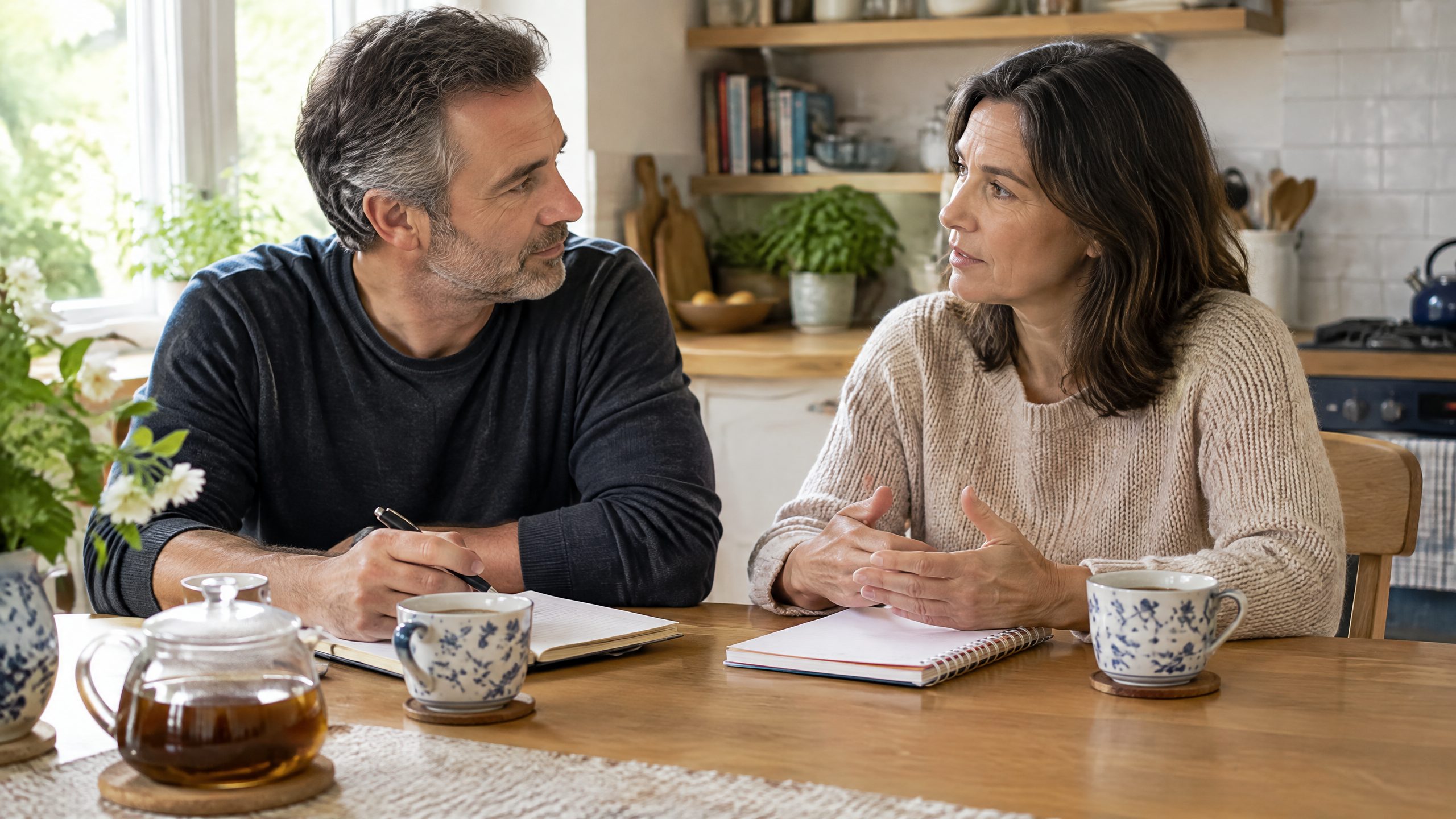 Adults having a calm conversation at a table